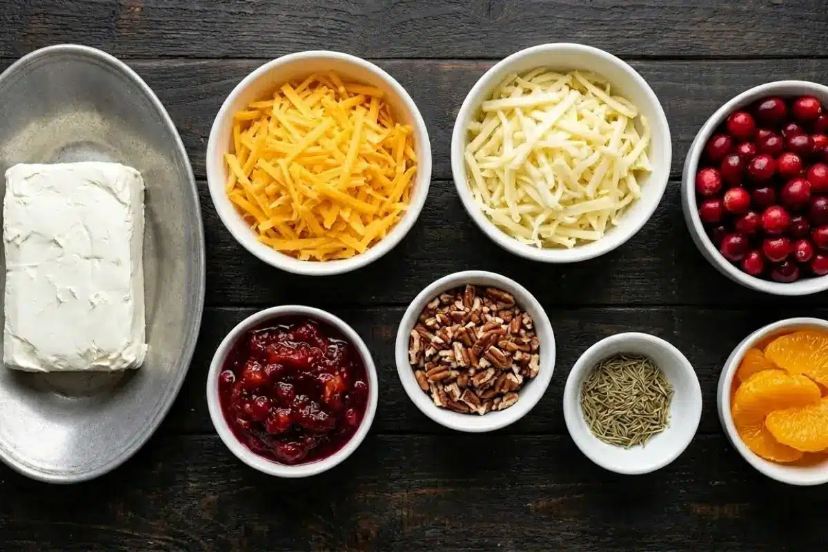 The Foolproof Ingredients List For Your Baked Cranberry Cream Cheese Dip An overhead view of the simple ingredients needed for a baked cranberry cream cheese dip, including a block of cream cheese, shredded cheeses, fresh cranberries, cranberry sauce, chopped pecans, rosemary, and orange segments, all arranged in white bowls on a dark rustic wooden table.