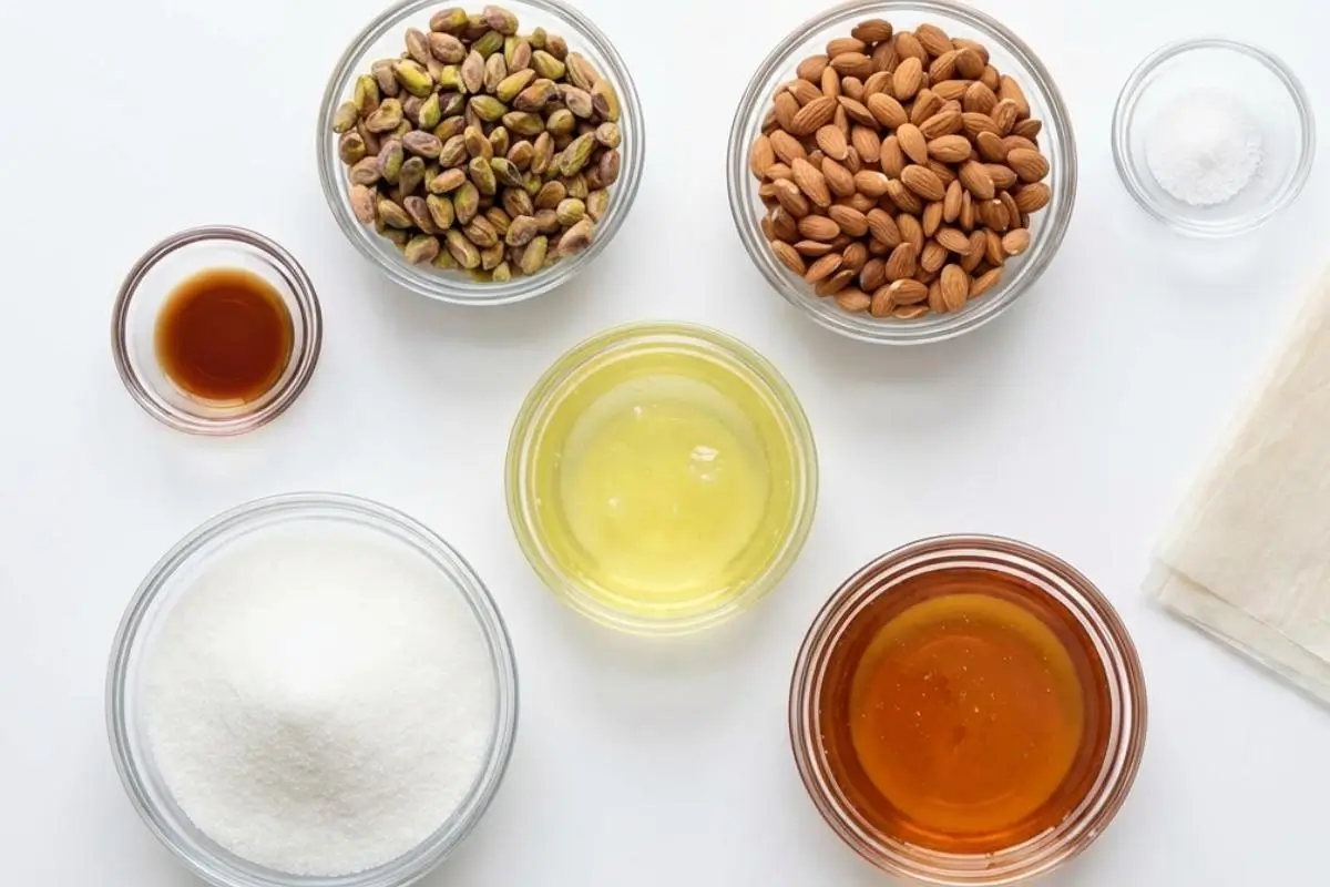 The Foolproof Ingredients List For Your Classic Italian Torrone An overhead shot showing the simple, pre-measured ingredients for classic Italian torrone arranged neatly in small glass bowls, including almonds, pistachios, golden honey, white sugar, and egg whites.