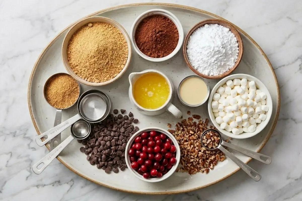 The Foolproof Ingredients List For Your Cranberry Cookie Bars An overhead view of the foolproof ingredients for cranberry cookie bars, including fresh cranberries, chocolate chips, pecans, marshmallows, and graham cracker crumbs arranged on a ceramic platter.