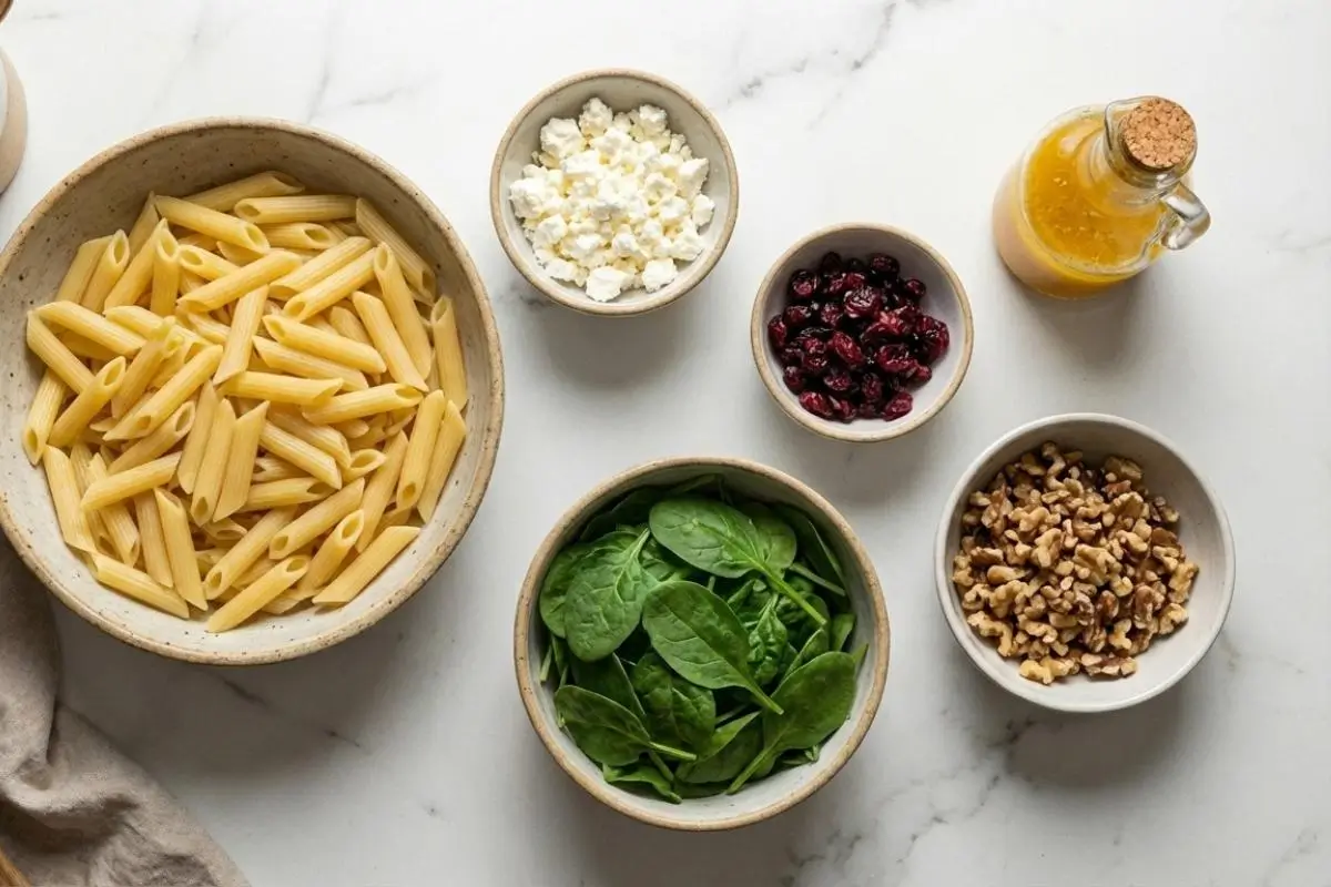 The Foolproof Ingredients List For Your Cranberry Feta Pasta Salad An overhead view of the simple cranberry feta pasta salad ingredients, featuring cooked penne pasta, fresh baby spinach, crumbled feta cheese, dried cranberries, chopped walnuts, and a small glass bottle of golden vinaigrette arranged in cozy ceramic bowls on a light surface.