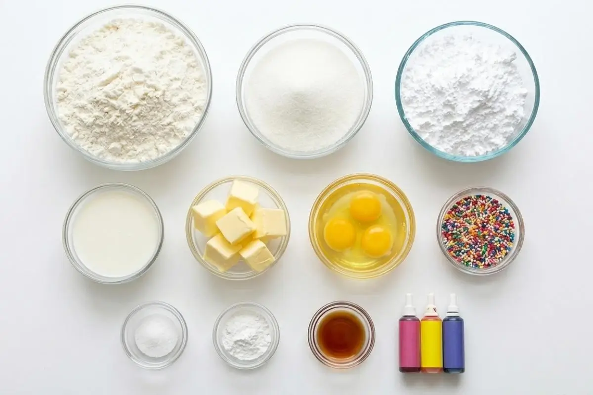 The Foolproof Ingredients List For Your Easter Anisette Cookies An overhead view of the simple, everyday Easter anisette cookies ingredients arranged neatly in glass bowls on a bright white surface, including flour, sugar, cubed butter, eggs, milk, rainbow sprinkles, and pastel food coloring.