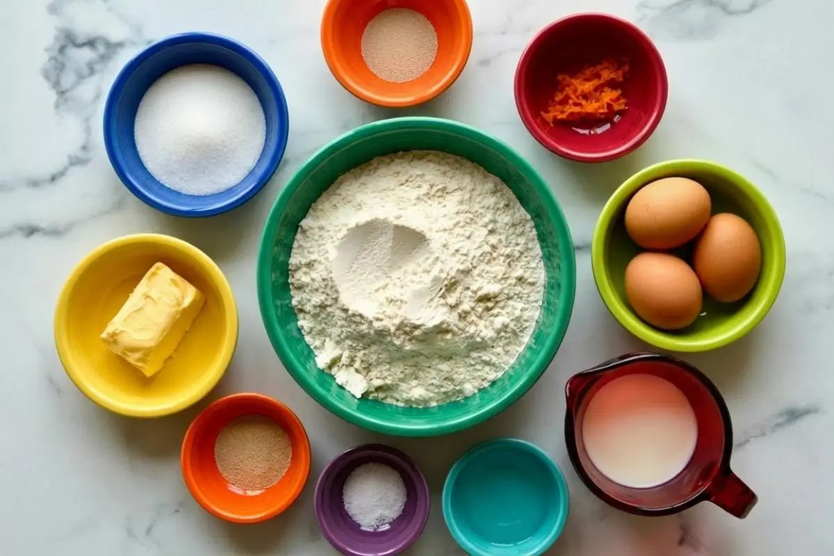 The Foolproof Ingredients List For Your Golden Italian Custard Bomboloni An overhead view of the simple, everyday ingredients for Italian custard bomboloni, including a large bowl of flour surrounded by fresh eggs, butter, sugar, milk, orange zest, and yeast, beautifully arranged in colorful bowls on a bright countertop.