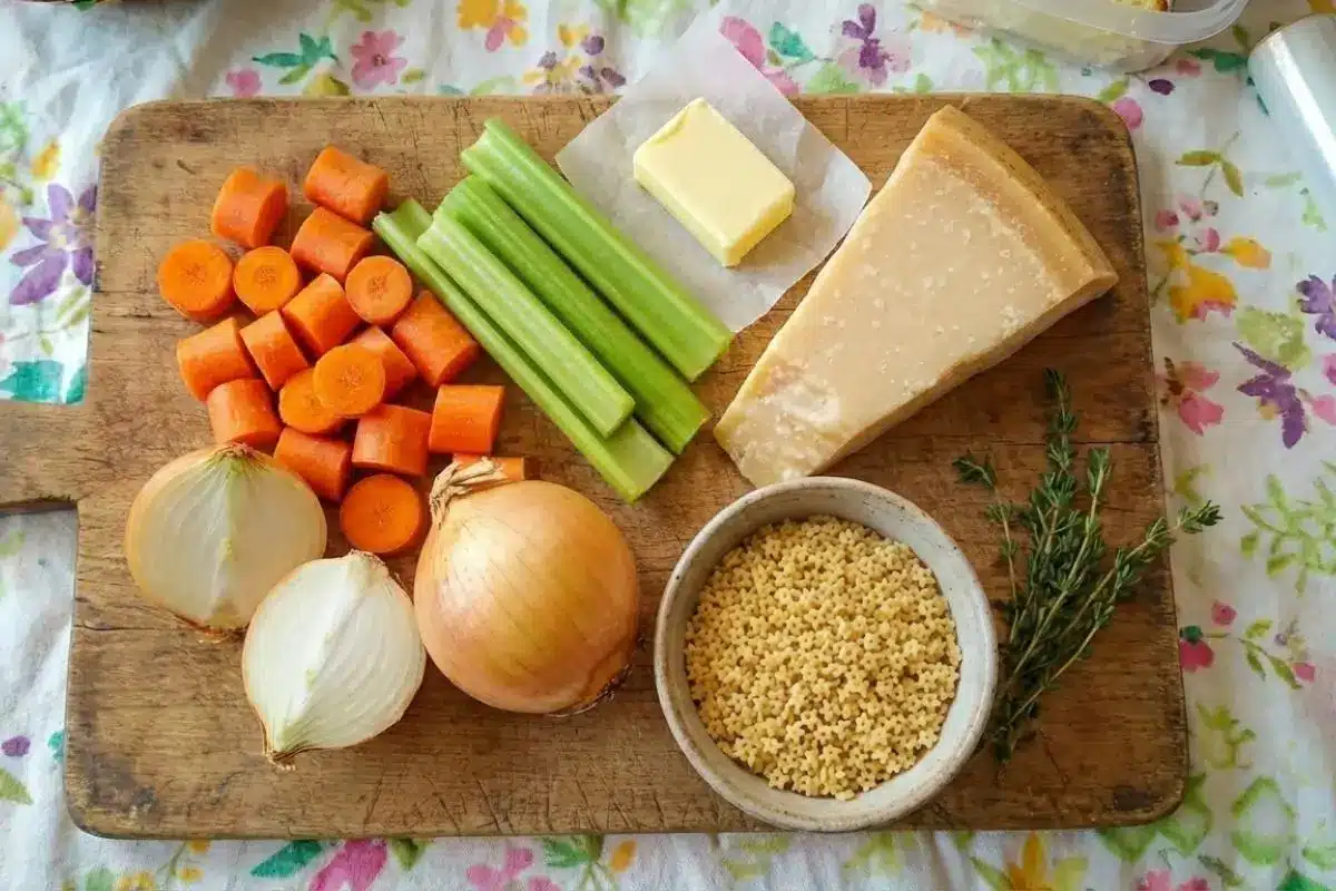 The Foolproof Ingredients List For Your Healing Pastina Soup A well-worn wooden cutting board resting on a vintage floral tablecloth, displaying the fresh, simple ingredients for a healing pastina soup, including chopped carrots, celery, onions, a wedge of Parmesan cheese, a pat of butter, fresh thyme, and a small rustic bowl filled with star-shaped pasta.