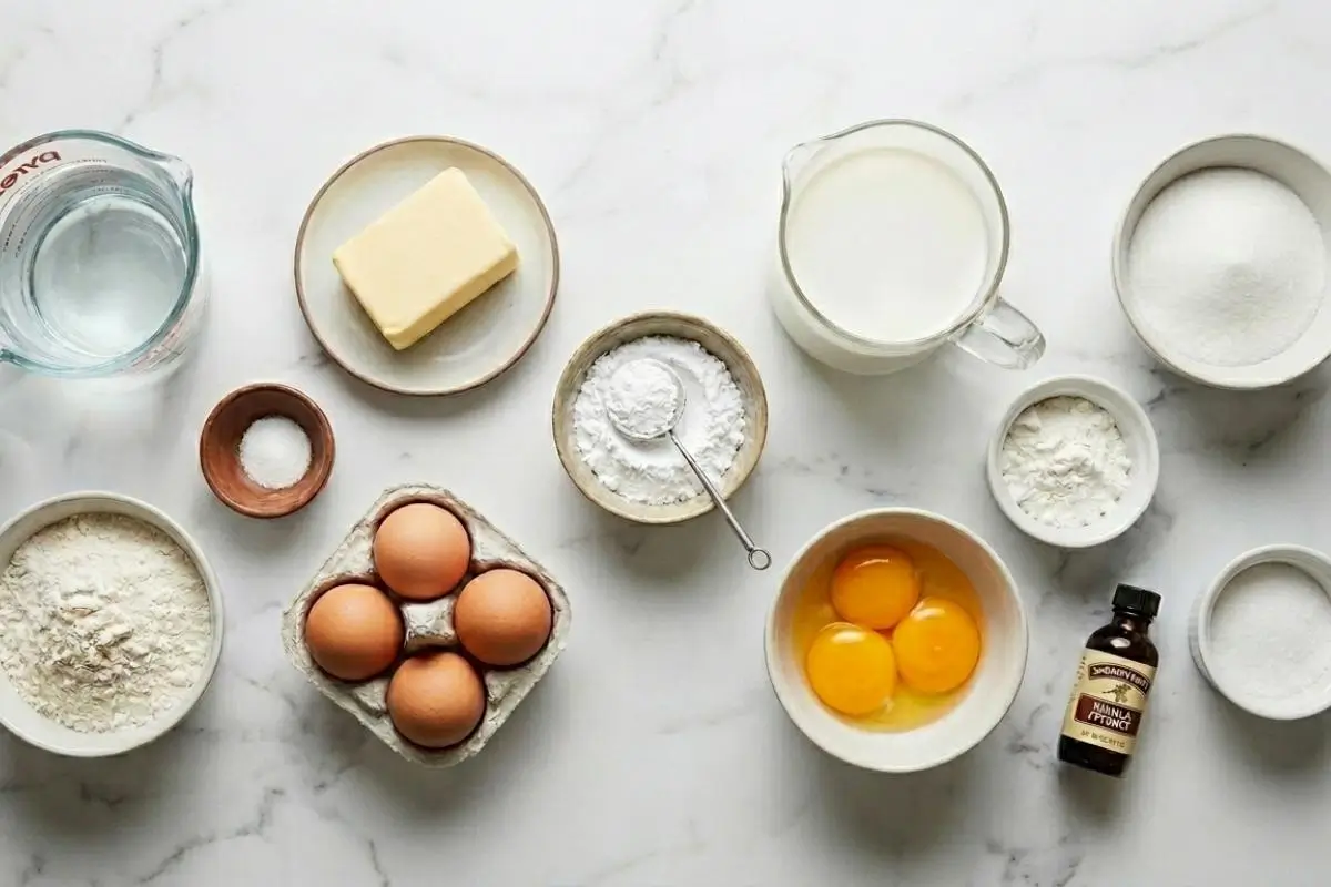 The Foolproof Ingredients List For Your Italian Cream Bombs An overhead view of the simple Italian cream bombs ingredients neatly organized in rustic ceramic bowls and glass measuring cups on a white marble countertop, including eggs, flour, butter, milk, and vanilla extract.