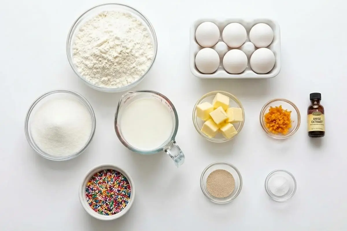 The Foolproof Ingredients List For Your Italian Easter Bread An overhead view of the simple Italian Easter bread ingredients neatly organized in glass bowls, including flour, sugar, milk, butter, eggs, yeast, fresh orange zest, anise extract, and colorful sprinkles.