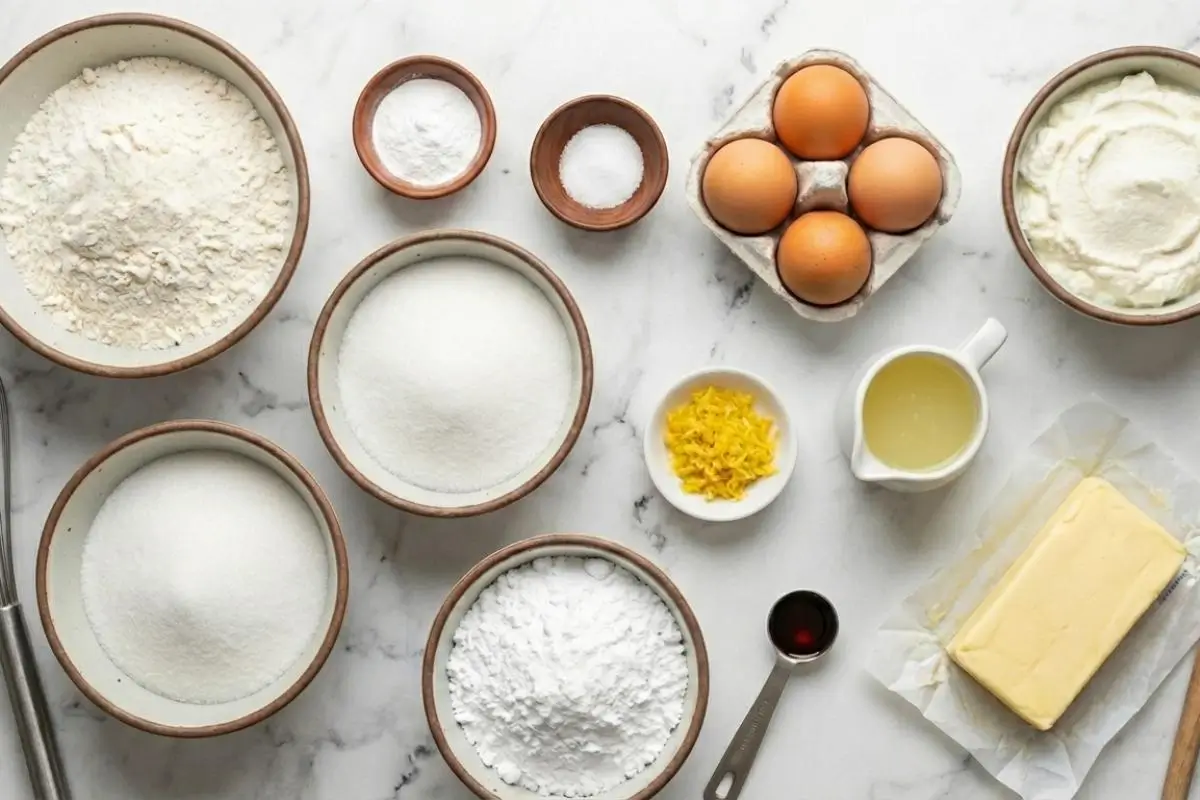 The Foolproof Ingredients List For Your Italian Lemon Ricotta Cake An overhead view of the simple Italian lemon ricotta cake ingredients, including flour, sugar, eggs, fresh ricotta cheese, butter, and bright yellow lemon zest, arranged in rustic ceramic bowls on a light countertop.