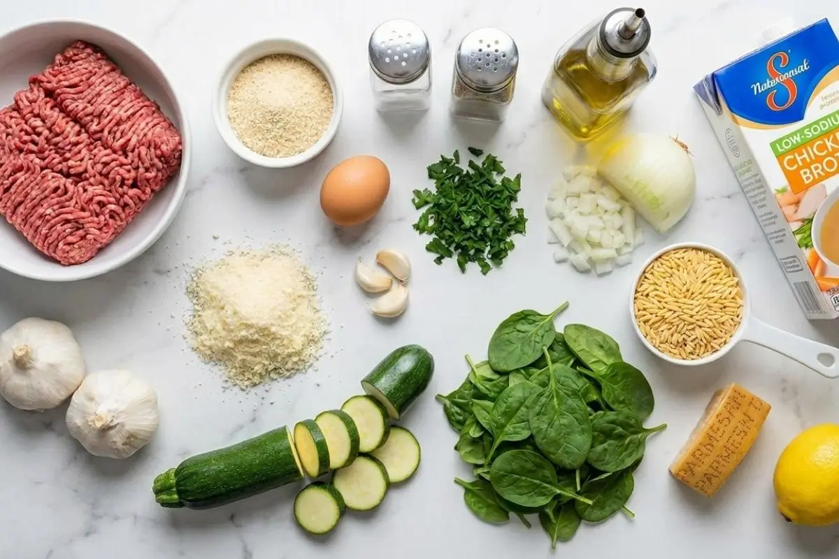 The Foolproof Ingredients List For Your Italian Meatball and Orzo Soup An overhead view of the fresh, simple Italian meatball and orzo soup ingredients, including ground meat, fresh spinach, zucchini, orzo pasta, parmesan cheese, and chicken broth, beautifully arranged on a light countertop.