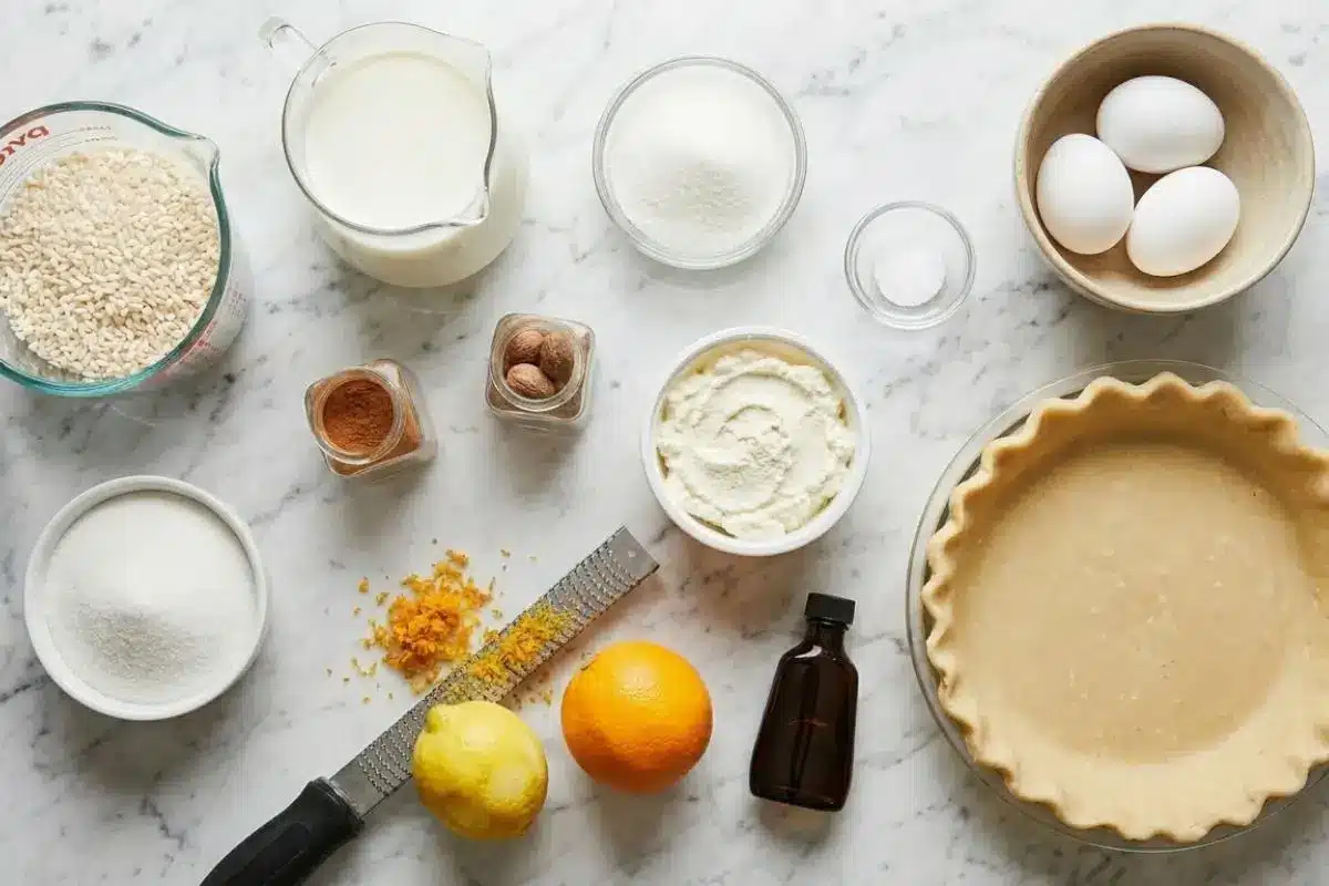 The Foolproof Ingredients List For Your Italian Rice Pie An overhead view of simple Italian rice pie ingredients arranged on a bright marble countertop, including arborio rice, milk, sugar, fresh eggs, creamy ricotta, bright citrus, and a prepared pie crust ready for baking.