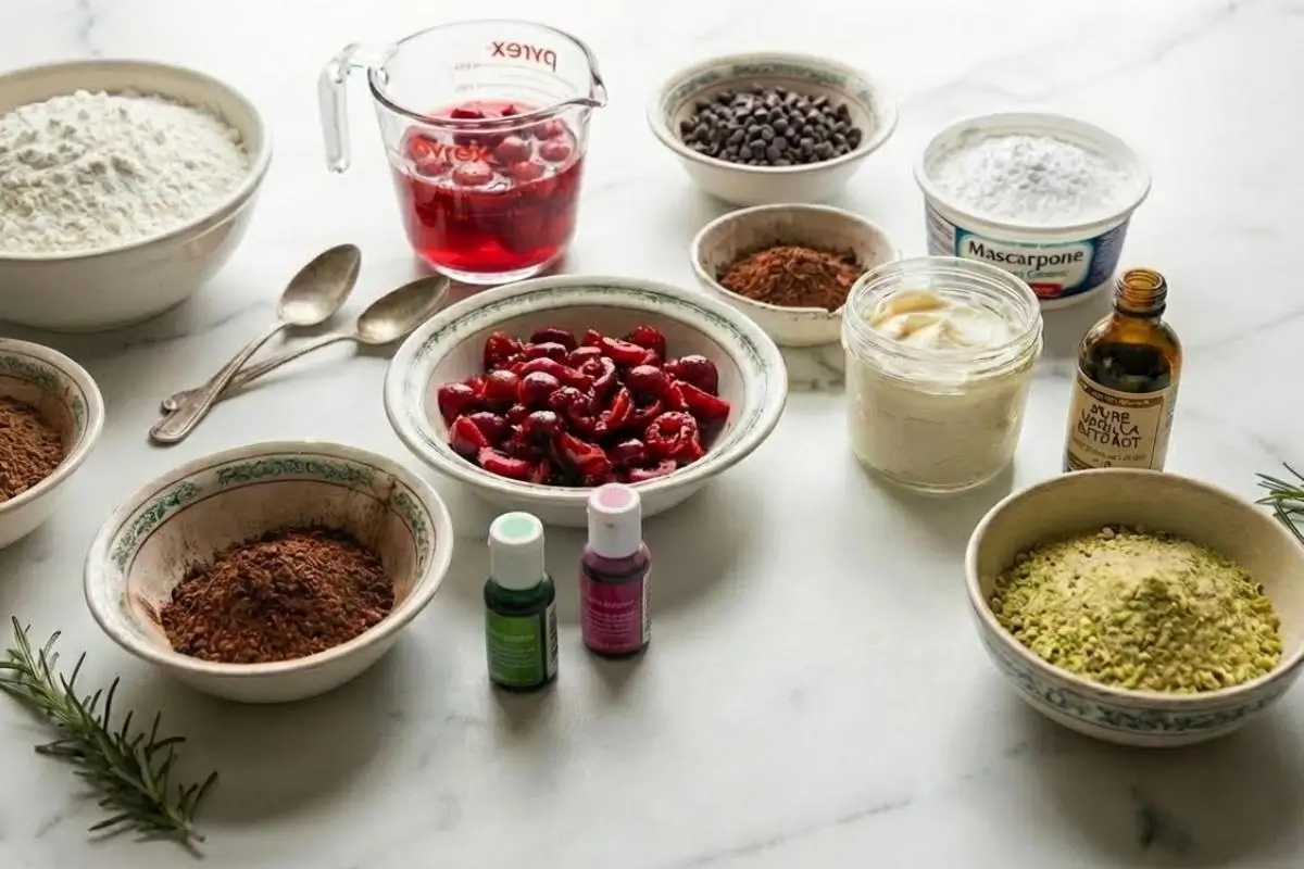 The Foolproof Ingredients List For Your Italian Spumoni Cake An inviting display of Italian Spumoni cake ingredients, featuring rustic bowls filled with bright red cherries, ground pistachios, chocolate chips, flour, and mascarpone cheese, all set out on a light countertop ready for baking.