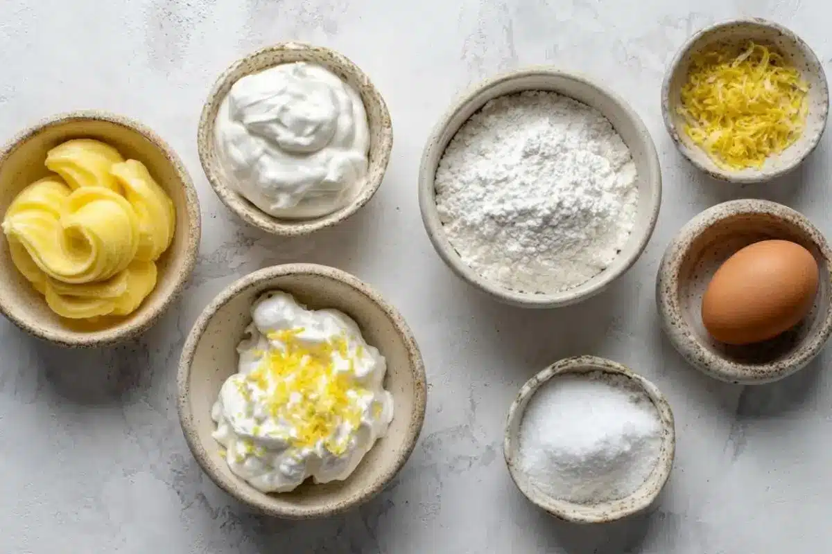 The Foolproof Ingredients List For Your Lemon Meringue Pie Cannoli A top-down view of simple lemon meringue pie cannoli ingredients, including fresh lemon zest, a brown egg, swirls of butter, powdered sugar, and creamy ricotta, beautifully arranged in rustic ceramic bowls.