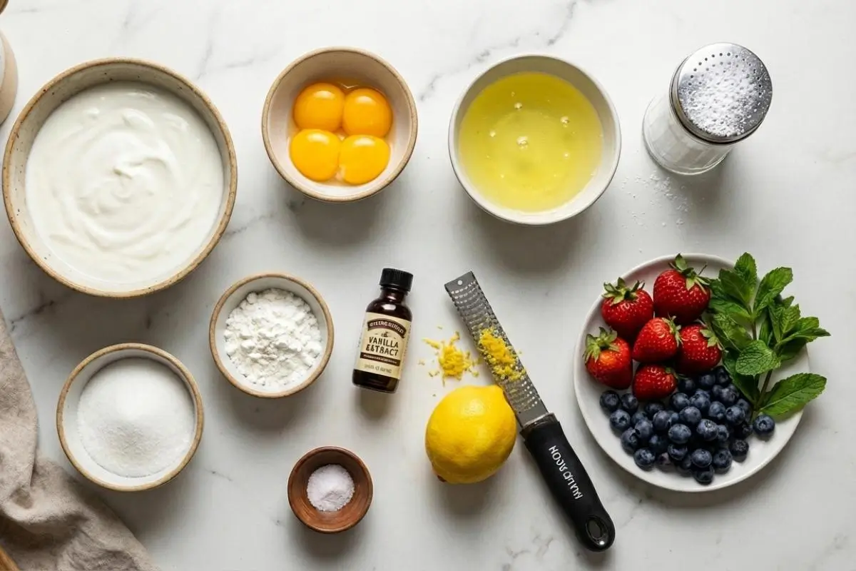 The Foolproof Ingredients List For Your Light & Fluffy Yogurt Cloud Cake An overhead view of the simple, wholesome ingredients needed to bake a light and fluffy yogurt cloud cake, including bowls of creamy yogurt, separated eggs, sugar, fresh lemon with a zester, vanilla, and vibrant fresh berries arranged on a bright countertop.