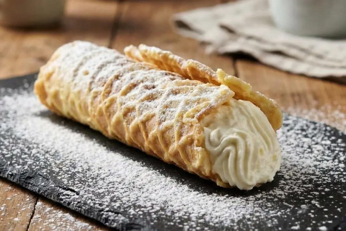 The Foolproof Ingredients List For Your Pizzelle Cannoli with Ricotta Filling A close-up view of a single, crispy pizzelle cannoli with ricotta filling resting on a dark, rustic slate board, beautifully dusted with powdered sugar against a warm wooden background.