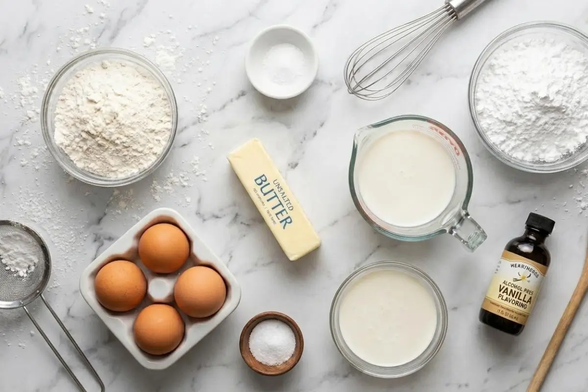 The Foolproof Ingredients List for Your Italian cream puffs An overhead view of the simple, foolproof Italian cream puffs ingredients beautifully laid out on a marble counter, including flour, fresh brown eggs, a stick of butter, milk, and vanilla extract, ready for baking.