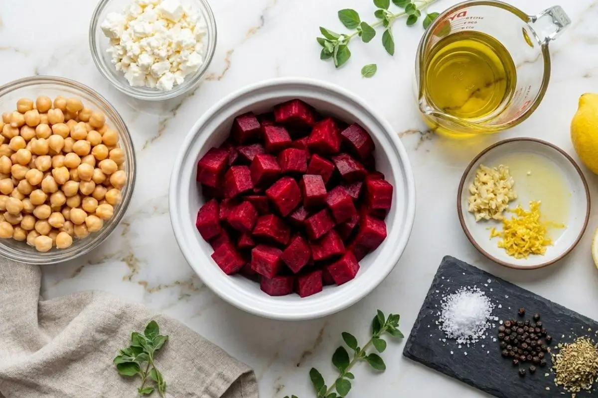 The Foolproof Ingredients List for Your beet and chickpea salad with feta A top-down view of the simple, wholesome ingredients for a beet and chickpea salad with feta, featuring bowls of diced beets, chickpeas, and crumbled feta arranged alongside olive oil, lemon, minced garlic, and spices on a light marble countertop.