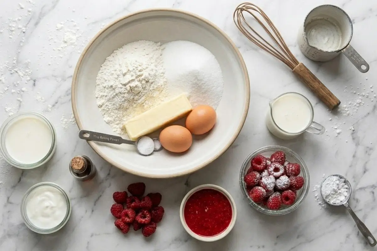 The Simple Ingredients You Will Need For Raspberry Cake An overhead view of simple raspberry cake ingredients arranged on a light countertop, featuring a large rustic bowl holding flour, sugar, a stick of butter, and two eggs, surrounded by small bowls of fresh raspberries, puree, milk, and a whisk.
