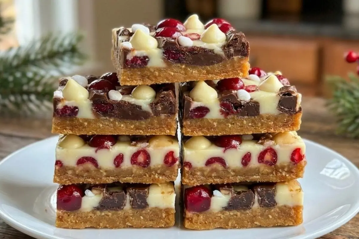 Why These Cranberry Cookie Bars Work A neatly arranged stack of seven cranberry cookie bars on a white ceramic plate, showcasing layers of golden cookie base, creamy white chocolate, and vibrant red cranberries.