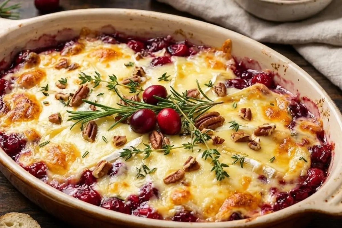 Why This Baked Cranberry Cream Cheese Dip Works The Golden Lid Secret A rustic oval baking dish filled with a bubbling baked cranberry cream cheese dip, featuring a beautifully melted, golden-brown cheese layer topped with toasted pecans, fresh cranberries, and sprigs of rosemary.