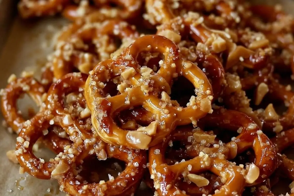Why This Butter Toffee Pretzel Works A close-up view of golden brown butter toffee pretzels coated in a glossy, sweet caramel glaze and sprinkled with crushed nuts, resting on a piece of rustic parchment paper.