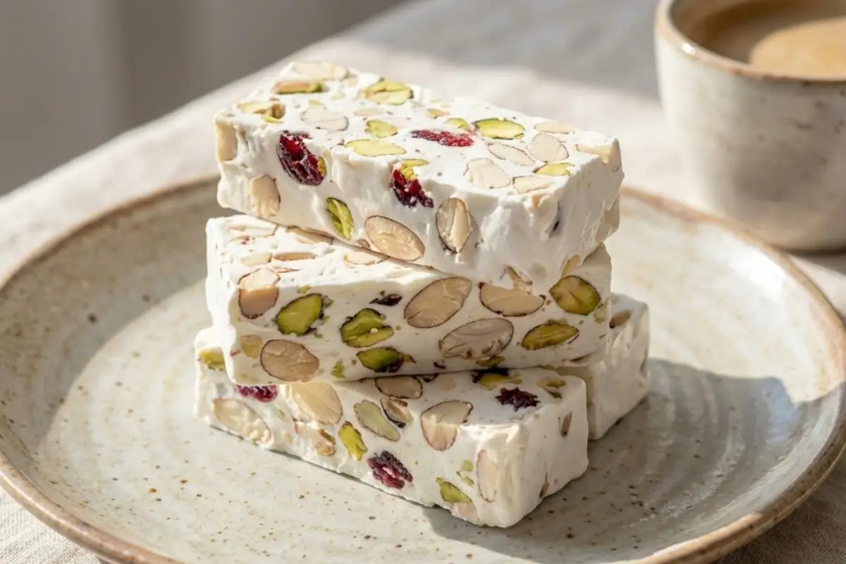 Why This Classic Italian Torrone Works A neat stack of three thick slices of classic Italian torrone, studded with toasted almonds, green pistachios, and dried fruit, resting on a rustic speckled ceramic plate in the warm morning sun.