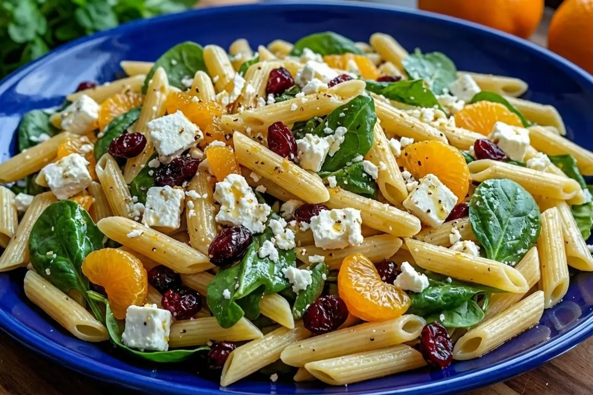 Why This Cranberry Feta Pasta Salad Works A vibrant Cranberry Feta Pasta Salad served in a large, inviting blue bowl, highlighting the beautiful mix of penne pasta, fresh spinach, sweet mandarin oranges, tart cranberries, and crumbled feta cheese.