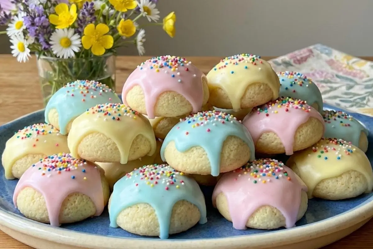 Why This Easter Anisette Cookies Work A rustic blue ceramic plate piled high with soft, dome-shaped Easter anisette cookies, beautifully decorated with dripping pastel pink, blue, and yellow glaze and colorful sprinkles, sitting on a wooden table next to fresh spring wildflowers.