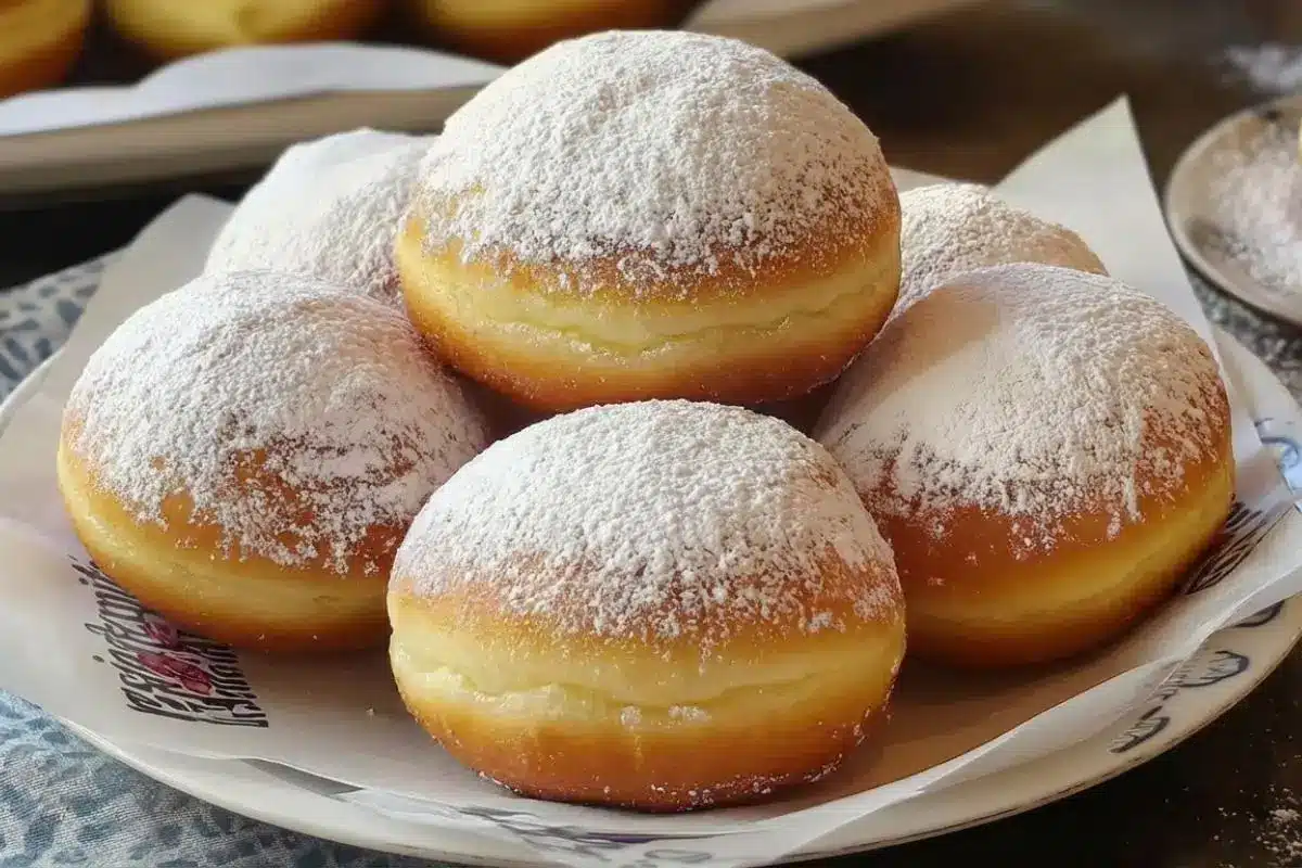 Why This Golden Italian Custard Bomboloni Works A close-up of a rustic plate piled high with freshly fried, golden Italian custard bomboloni, each perfectly round donut showing a light golden ring and generously dusted with a snowy layer of powdered sugar.