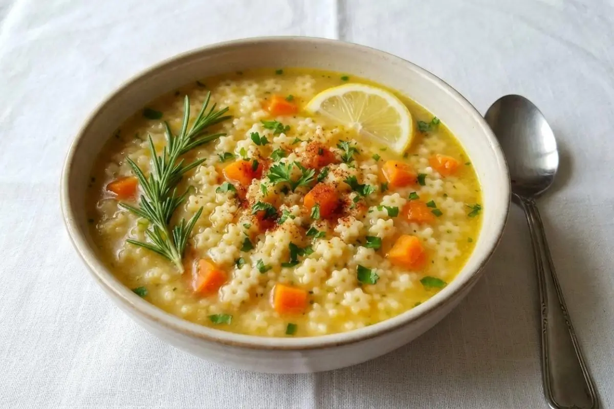 Why This Healing Pastina Soup Works A comforting, rustic ceramic bowl filled with healing pastina soup, beautifully garnished with a sprig of fresh rosemary, a slice of lemon, diced carrots, and parsley, resting on a white linen tablecloth beside a vintage silver spoon.