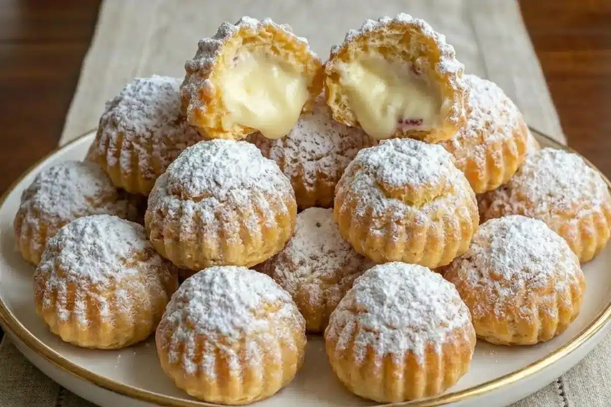 Why This Italian Cream Bomb Works A rustic plate piled high with freshly baked Italian cream bombs generously dusted with powdered sugar, with the top pastry split open to reveal a rich, velvety vanilla cream filling inside.