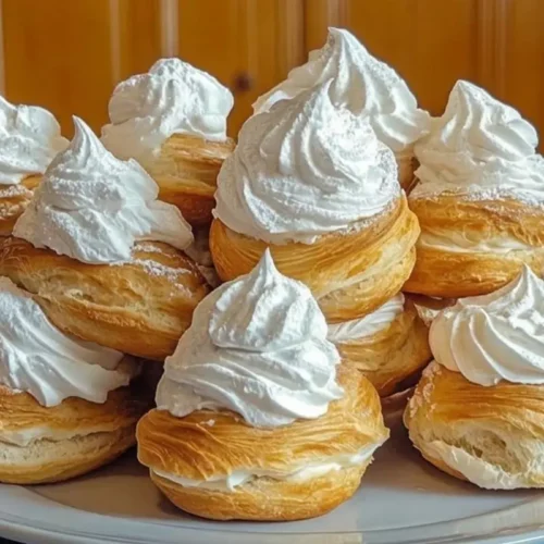 Mom’s Nostalgic Cream Puffs (A Foolproof Italian Bignè) Cream Puffs A grey plate piled high with golden, flaky Italian cream puffs, generously topped with tall swirls of sweet white cream and lightly dusted with powdered sugar.