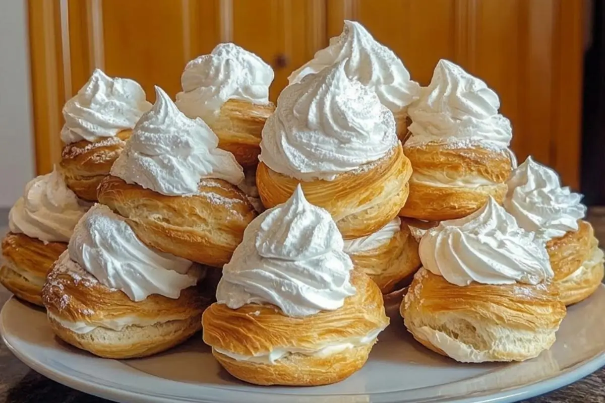 Why This Italian Cream Puff Works A grey plate piled high with golden, flaky Italian cream puffs, generously topped with tall swirls of sweet white cream and lightly dusted with powdered sugar.
