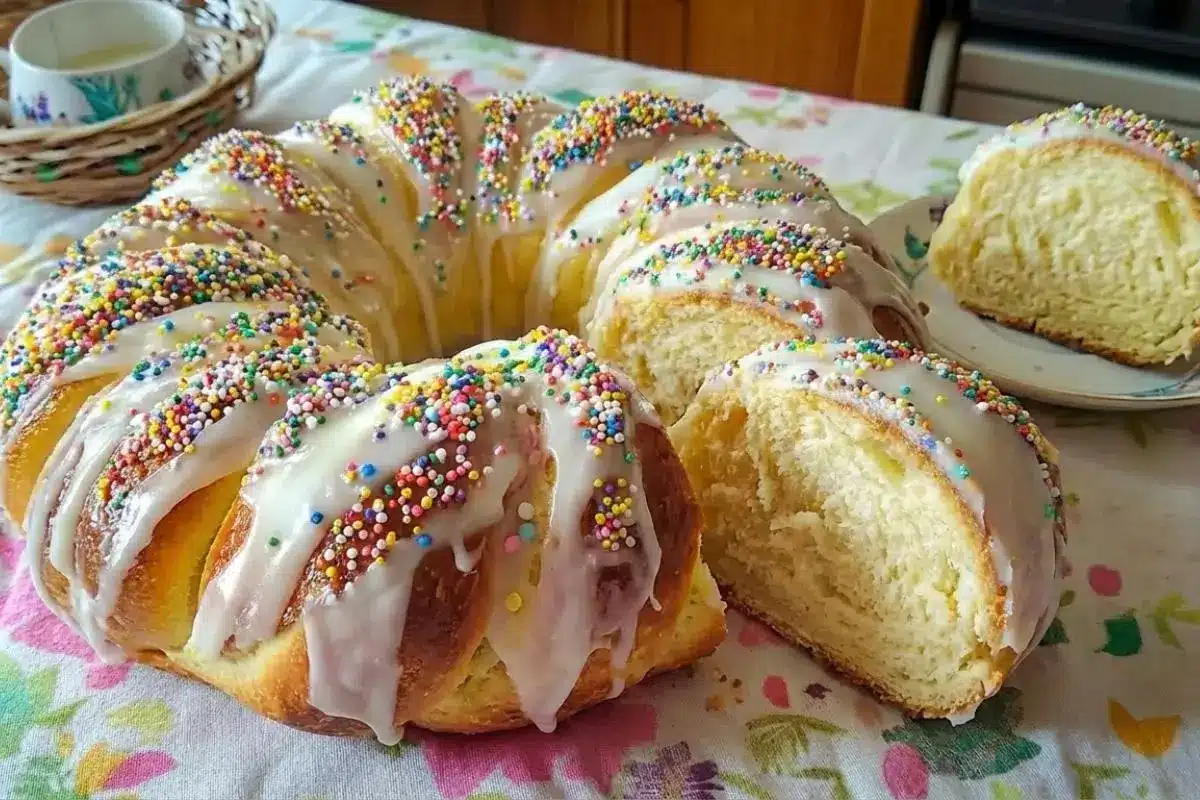 Why This Italian Easter Bread Works A partially sliced ring of soft Italian Easter bread covered in sweet white glaze and sprinkles, revealing a light and fluffy interior crumb resting on a vintage floral tablecloth.