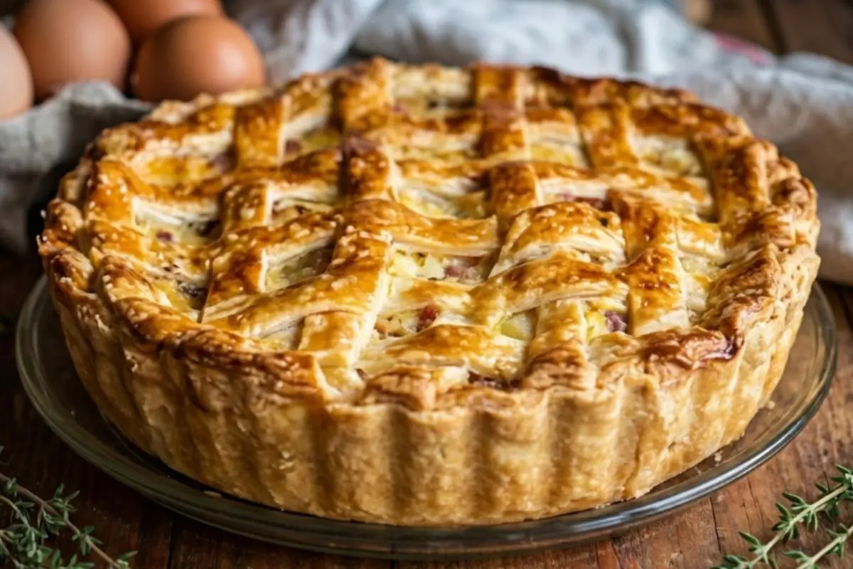Why This Italian Easter Pie Works A whole, freshly baked Italian Easter Pie with a beautifully golden, fluted lattice crust sitting in a glass dish on a rustic wooden table, surrounded by fresh eggs and sprigs of thyme.