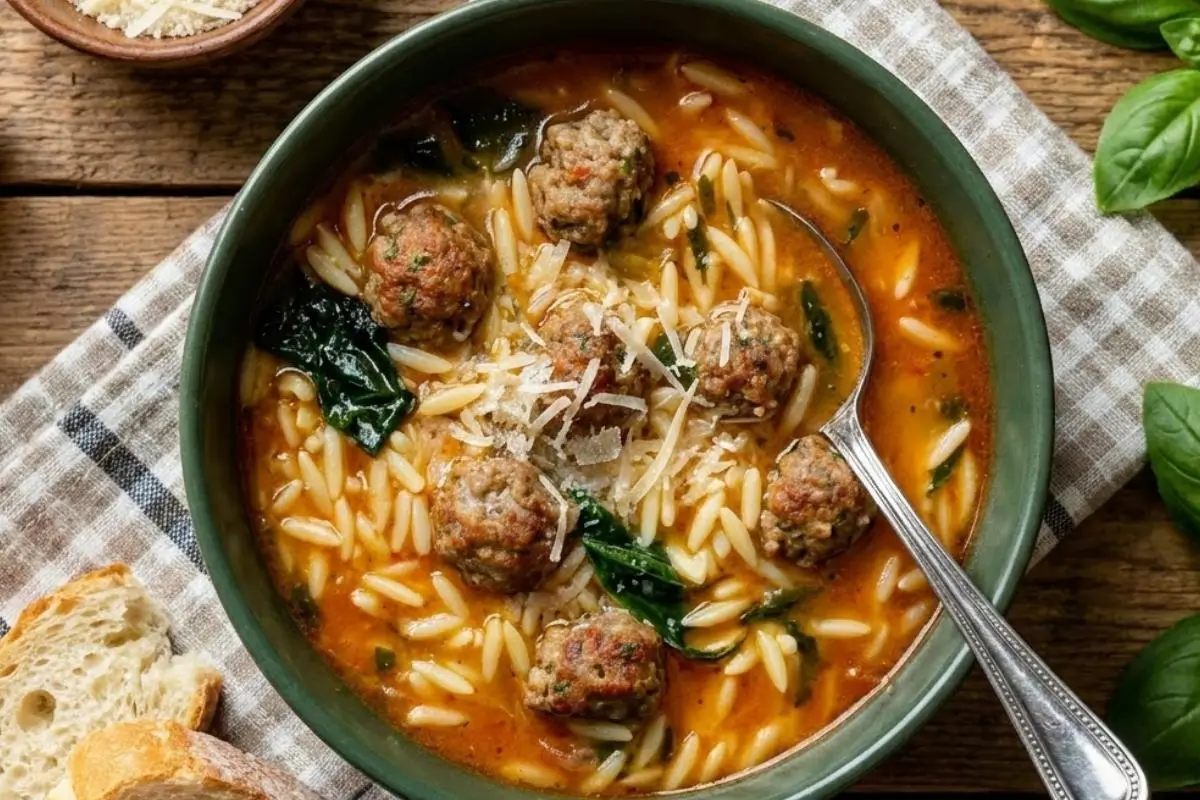Why This Italian Meatball and Orzo Soup Works An overhead view of a cozy green ceramic bowl filled with Italian meatball and orzo soup, resting on a checkered linen napkin beside a vintage spoon, fresh basil leaves, and crusty artisan bread on a rustic wooden table.