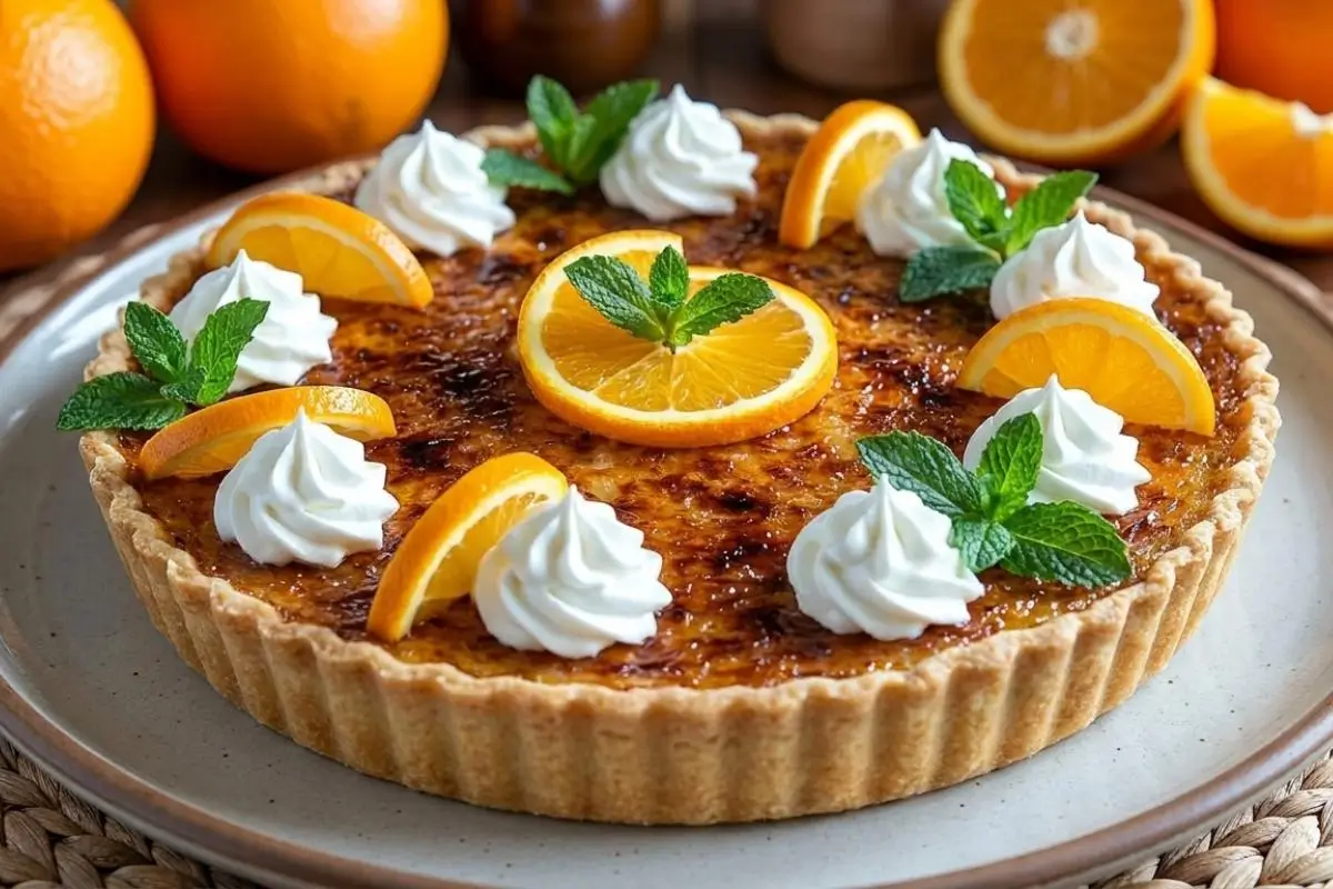 Why This Italian Rice Pie Works A beautiful, whole Italian rice pie baked in a fluted tart pan, decorated with elegant swirls of whipped cream, fresh orange slices, and bright mint sprigs on a rustic table.