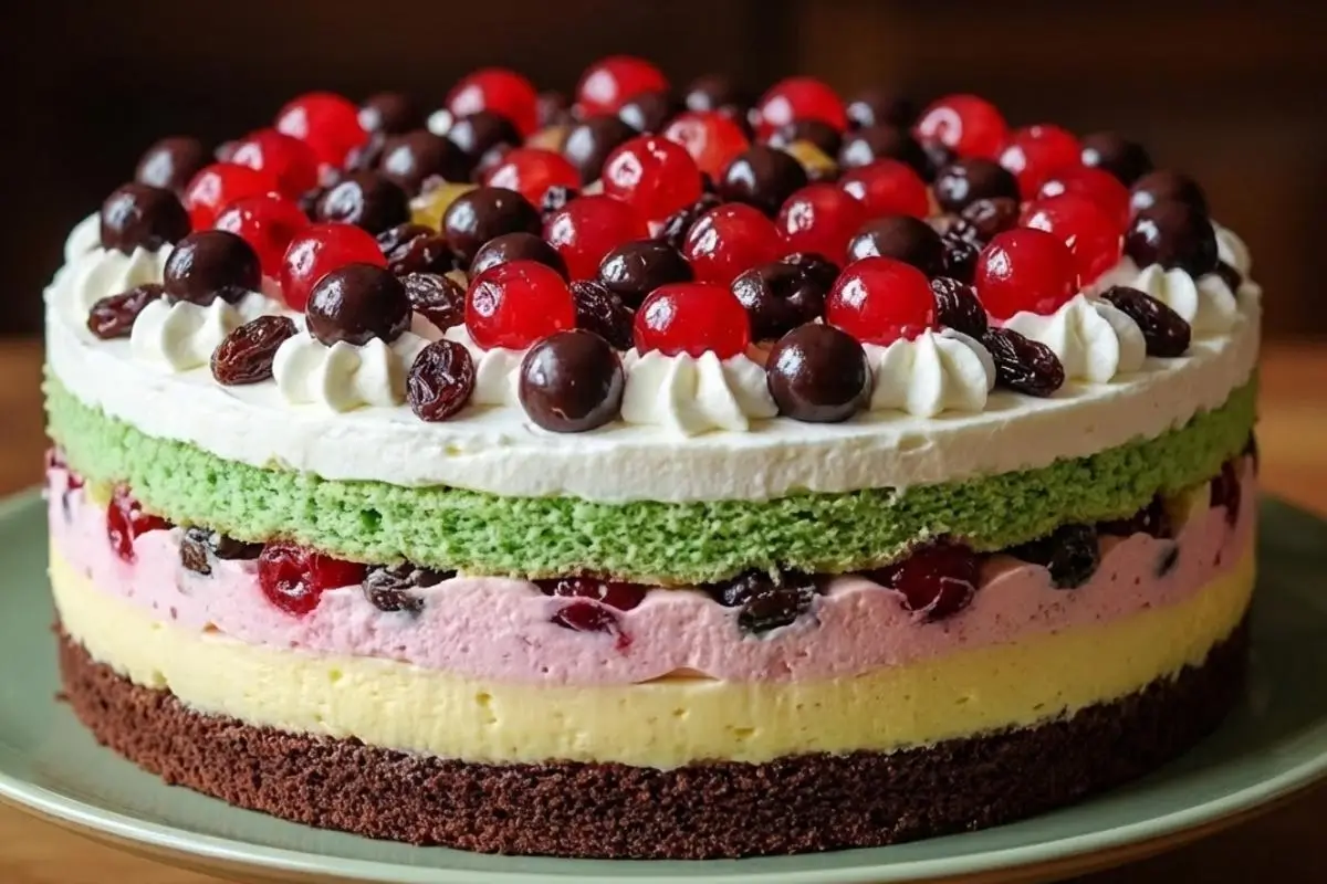 Why This Italian Spumoni Cake Works A beautifully layered Italian Spumoni cake rests on a simple green plate, featuring distinct stripes of chocolate, vanilla, cherry, and pistachio, all crowned with fluffy whipped cream, bright red cherries, and chocolate morsels.