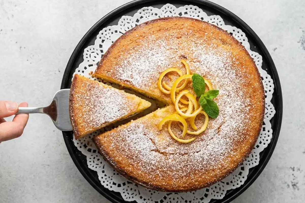 Why This Limoncello Ricotta Cake Works A top-down view of a freshly baked limoncello ricotta cake dusted with powdered sugar and garnished with lemon curls on a white lace doily, as a hand uses a silver server to lift out a single slice.