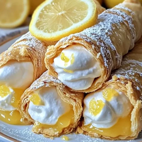 Lemon Meringue Pie Cannoli: The No-Fry Recipe (That Stays Crispy) Lemon Meringue Pie Cannoli A close-up of flaky, powdered sugar-dusted no-fry lemon meringue pie cannoli overflowing with bright yellow lemon curd and fluffy white meringue cream, served on a simple rustic plate.