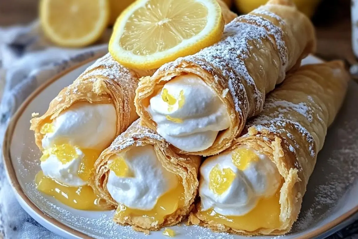 Why This No-Fry Lemon Meringue Pie Cannoli Recipe Works A close-up of flaky, powdered sugar-dusted no-fry lemon meringue pie cannoli overflowing with bright yellow lemon curd and fluffy white meringue cream, served on a simple rustic plate.