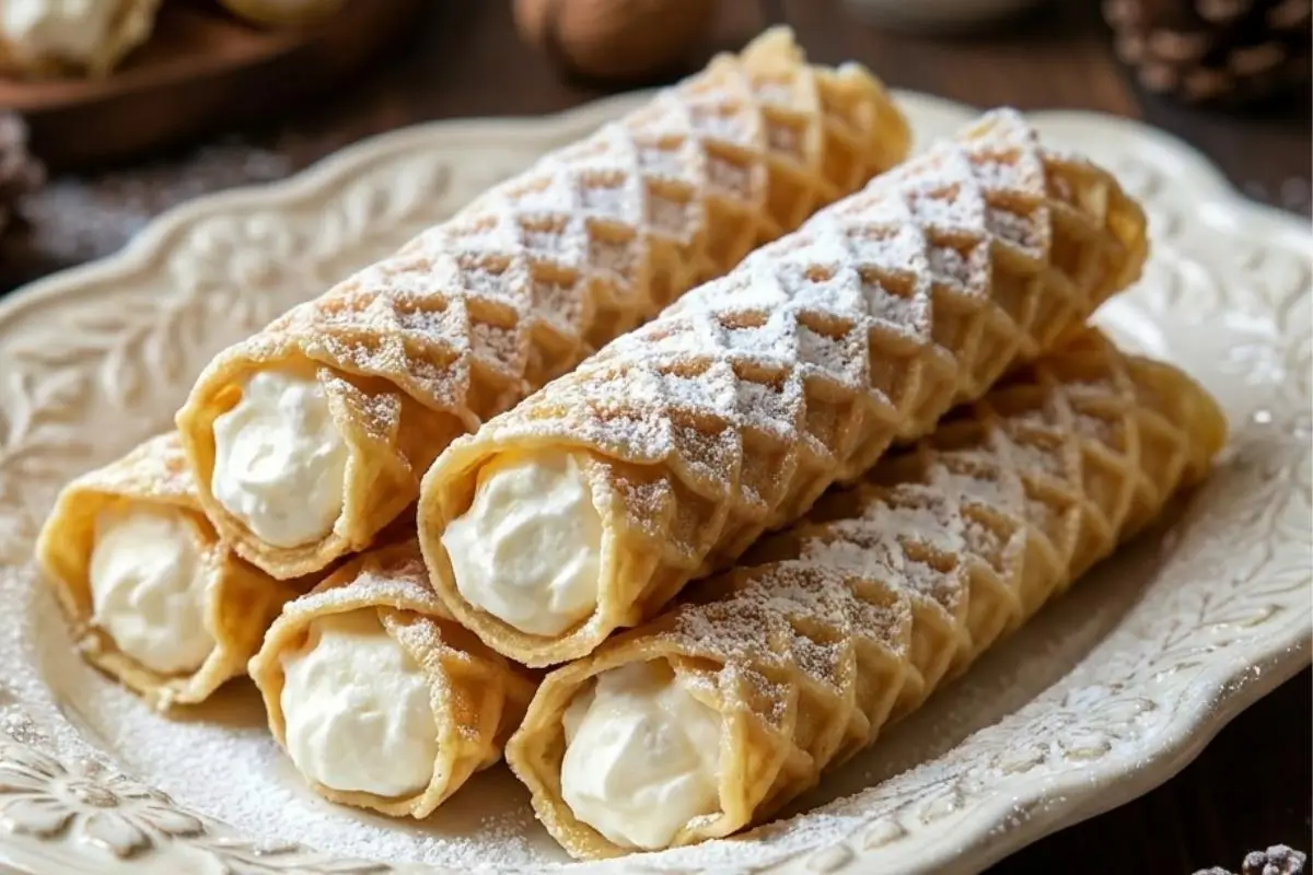 Why This Pizzelle Cannoli with Ricotta Filling Works A beautiful, vintage-style ceramic plate stacked high with crispy, golden pizzelle cannoli with ricotta filling, finished with a generous, snowy dusting of powdered sugar on a warm wooden table.