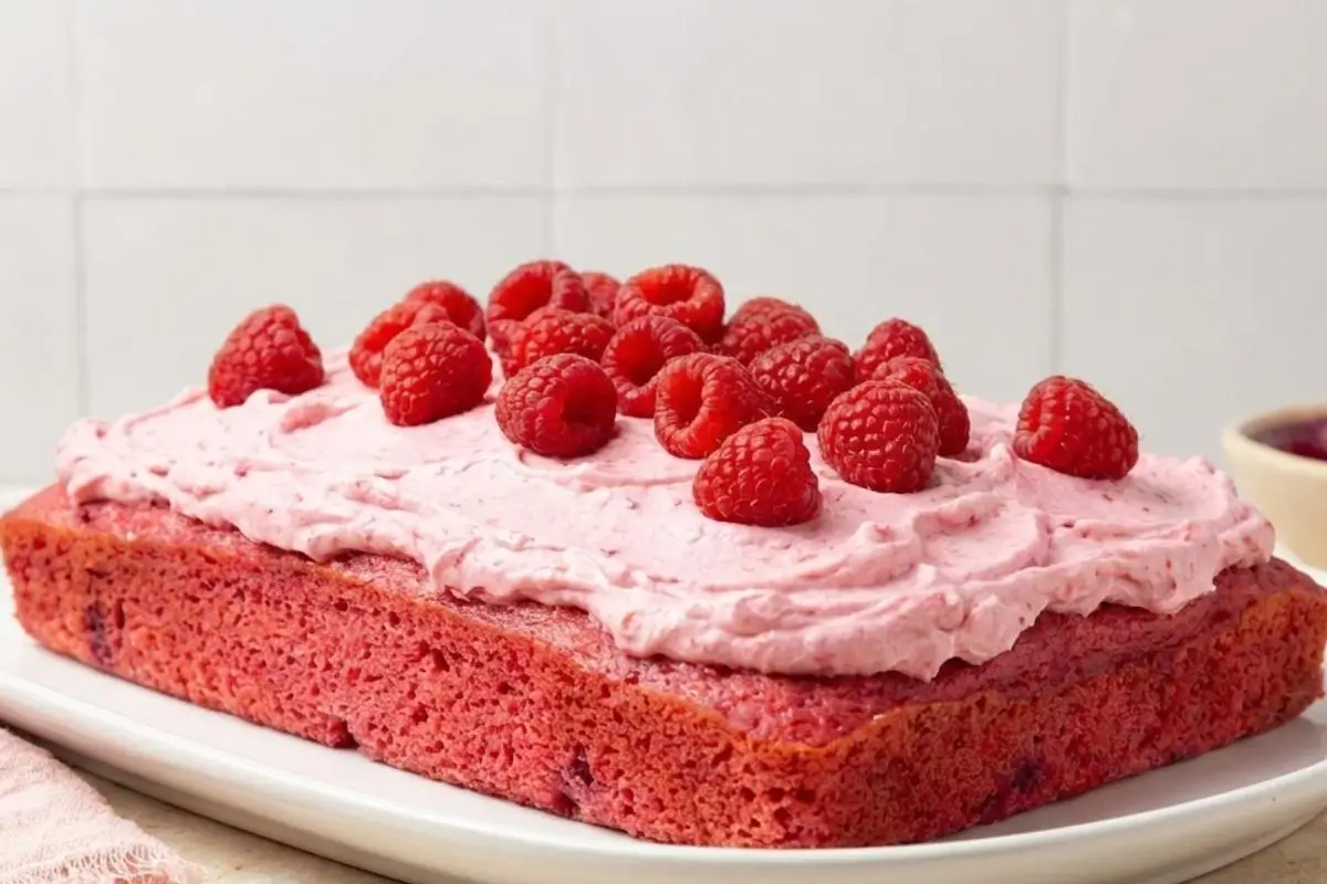 Why This Raspberry Cake Works Every Time A vibrant pink raspberry sheet cake generously topped with rustic swoops of pink frosting and a pile of fresh raspberries, served on a simple rectangular white platter.