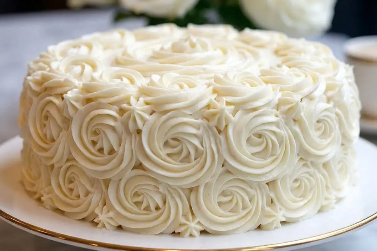 Why This White Almond Cake Works A beautiful whole white almond cake completely covered in elegant white buttercream rosettes, displayed on a classic white and gold-rimmed cake stand.