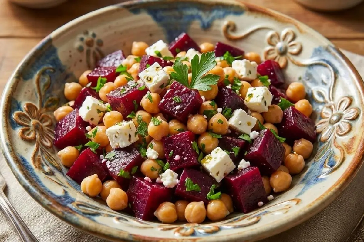 Why This beet and chickpea salad with feta Works A beautiful, rustic floral bowl overflowing with a vibrant beet and chickpea salad with feta, garnished with fresh parsley and resting on a warm wooden table.