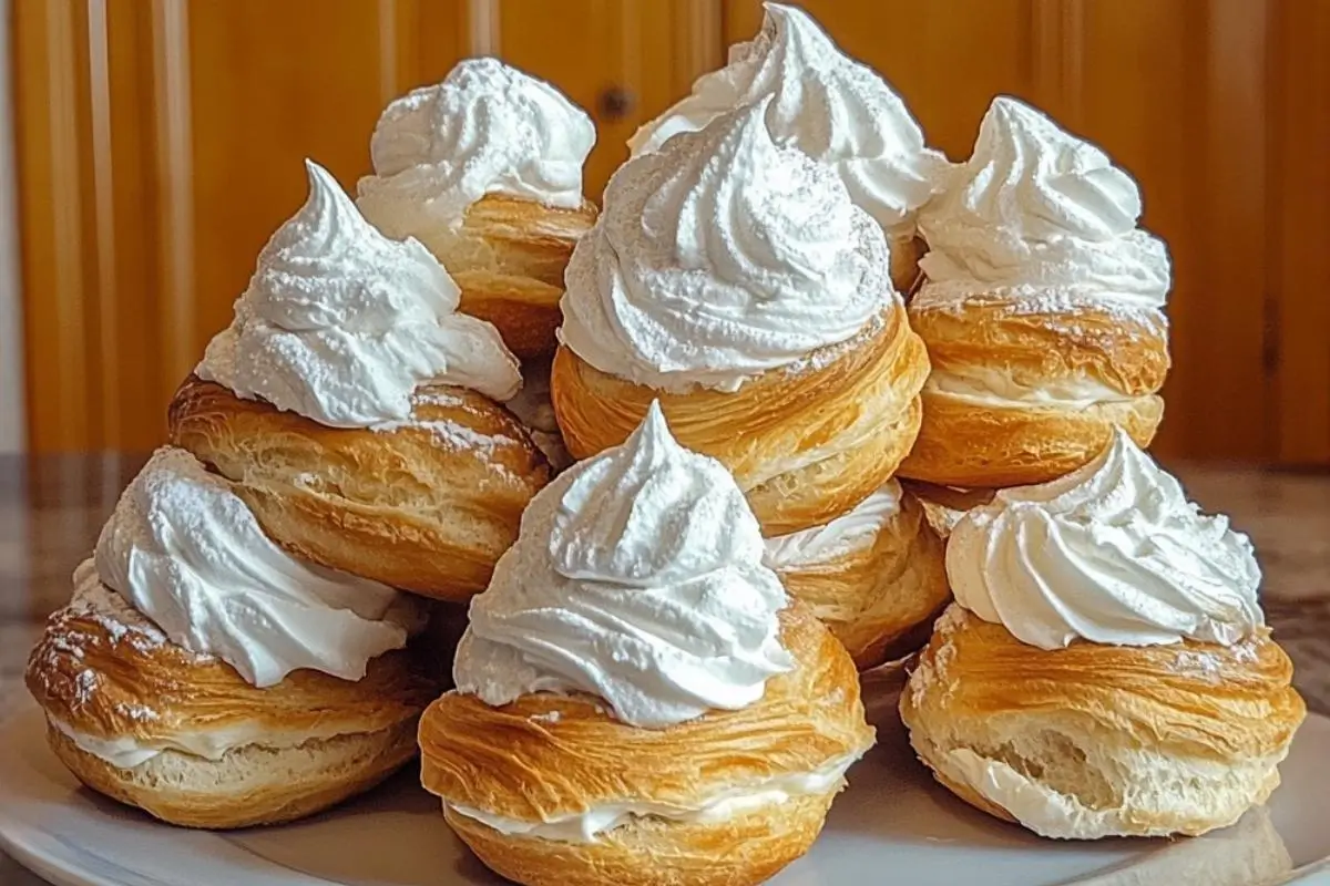 Mom’s Nostalgic Cream Puffs (A Foolproof Italian Bignè) Cream Puffs A beautiful, towering stack of golden, flaky pastries overflowing with beautifully piped whipped cream and dusted with powdered sugar, showcasing a perfect homemade cream puffs recipe on a simple plate.