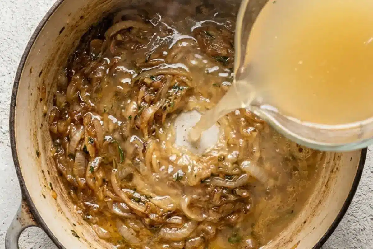 creamy golden broth Broth being poured into a pot of sautéed onions while making the coziest Parmesan pasta soup with a rich, creamy base.