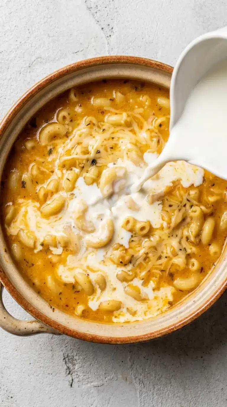 creamy-parmesan-pasta-soup A rustic pot of creamy Parmesan Pasta Soup with macaroni pasta and melted cheese as cream is being poured into the soup.