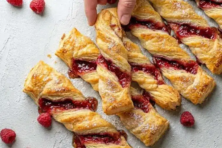fresh-baked-raspberry-pastry-twists-on-baking-sheet (1) Freshly baked Raspberry Pastry Twists on a parchment-lined baking sheet, golden and flaky with raspberry filling and a light dusting of powdered sugar.