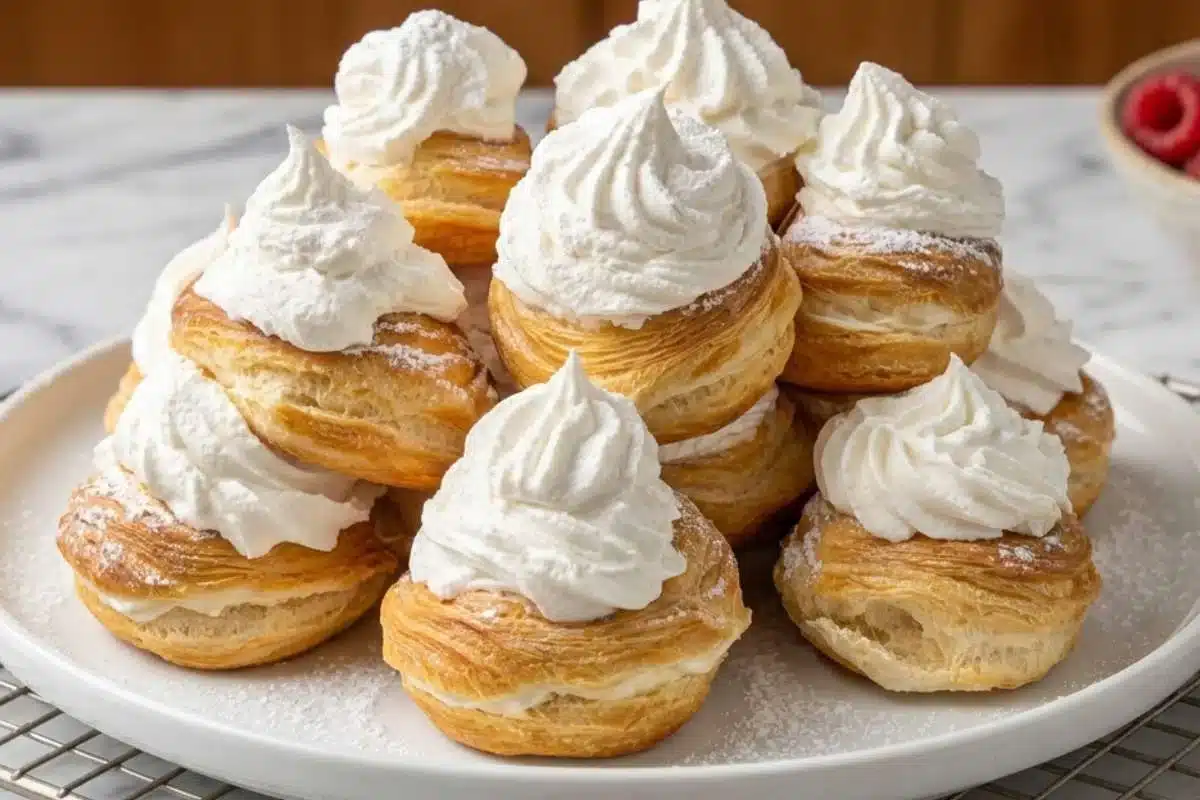 moms-famous-cream-puffs-recipe-serving-platter A plate of Mom’s famous cream puffs recipe topped with fluffy whipped cream and powdered sugar.