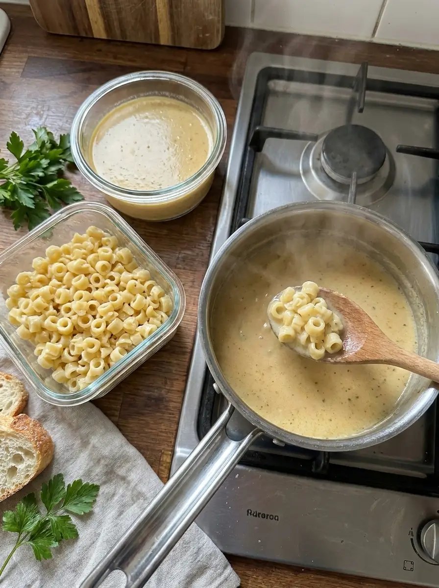 parmesan-pasta-soup-storage-meal-prep Meal prep setup for Parmesan Pasta Soup showing cooked pasta stored separately from creamy broth, with noodles being added to a saucepan for reheating.