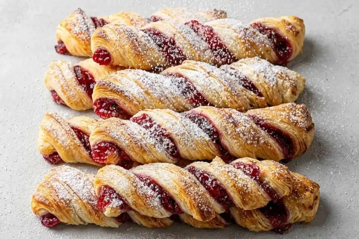 puff-pastry-for-raspberry-pastry-twists Freshly baked Raspberry Pastry Twists arranged on a tray, golden and flaky with raspberry filling peeking through, dusted with powdered sugar.