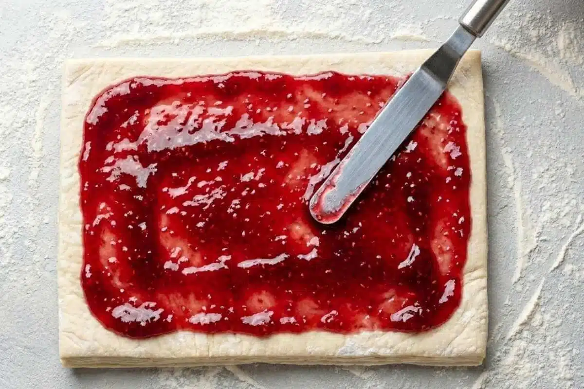 spreading-raspberry-jam-for-raspberry-pastry-twists (1) A sheet of puff pastry covered with raspberry jam as it is being spread evenly with an offset spatula for Raspberry Pastry Twists.